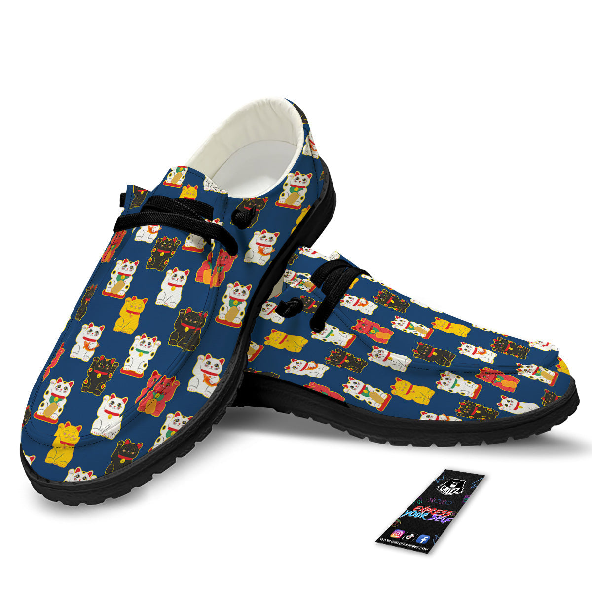 Maneki Neko Colorful Print Pattern Black Loafers-grizzshop