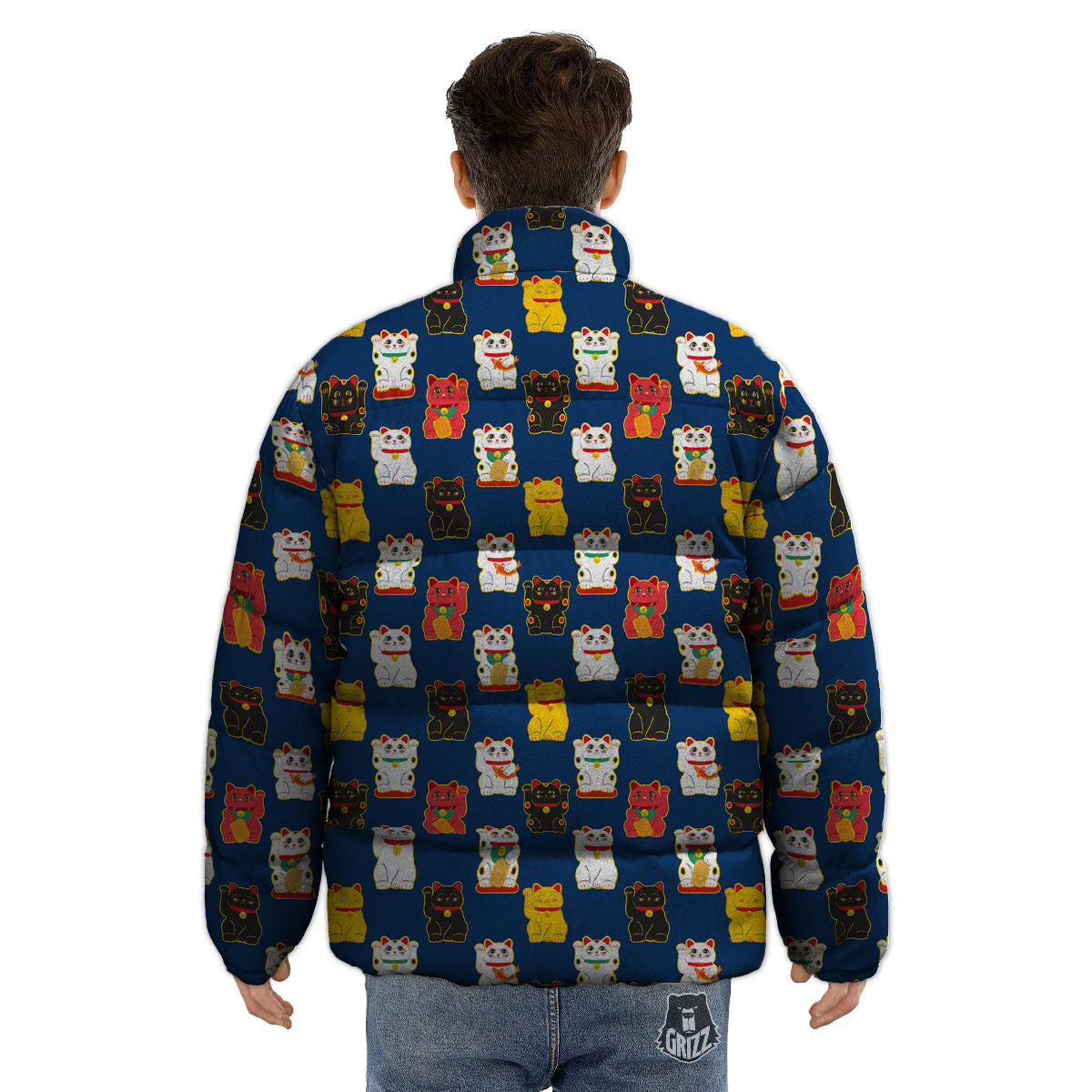 Maneki Neko Colorful Print Pattern Puffer Jacket-grizzshop