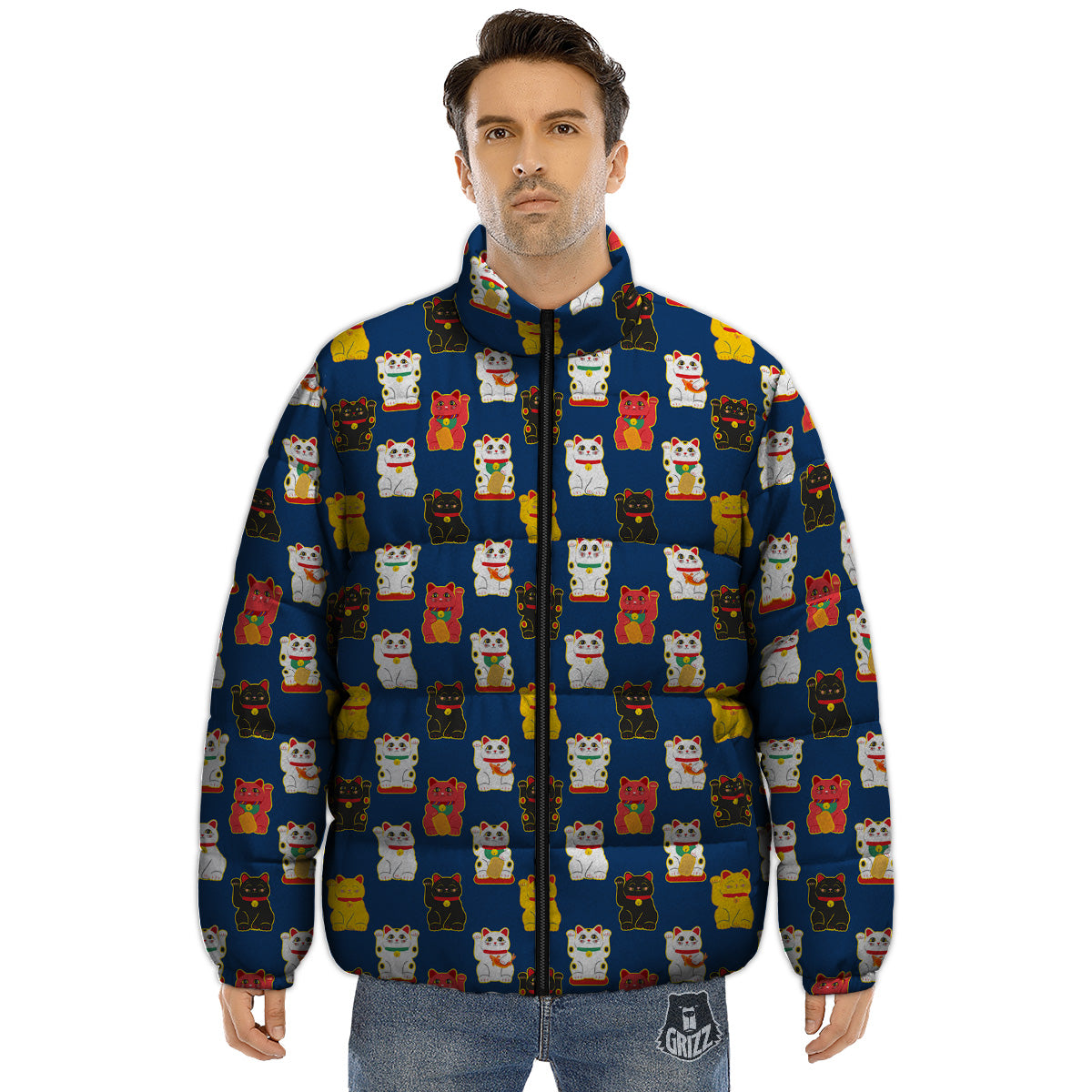 Maneki Neko Colorful Print Pattern Puffer Jacket-grizzshop