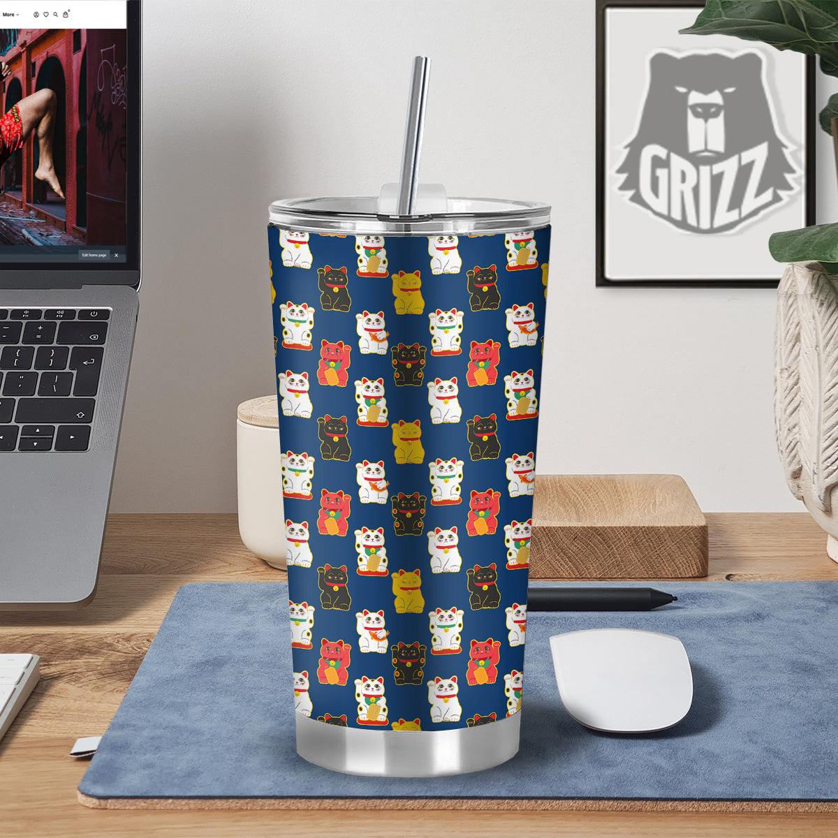 Maneki Neko Colorful Print Pattern Tumbler-grizzshop