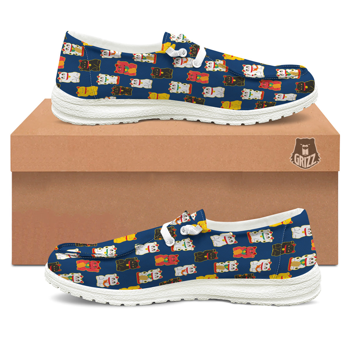 Maneki Neko Colorful Print Pattern White Loafers-grizzshop