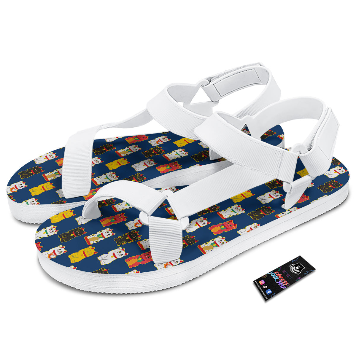 Maneki Neko Colorful Print Pattern White Open Toe Sandals-grizzshop