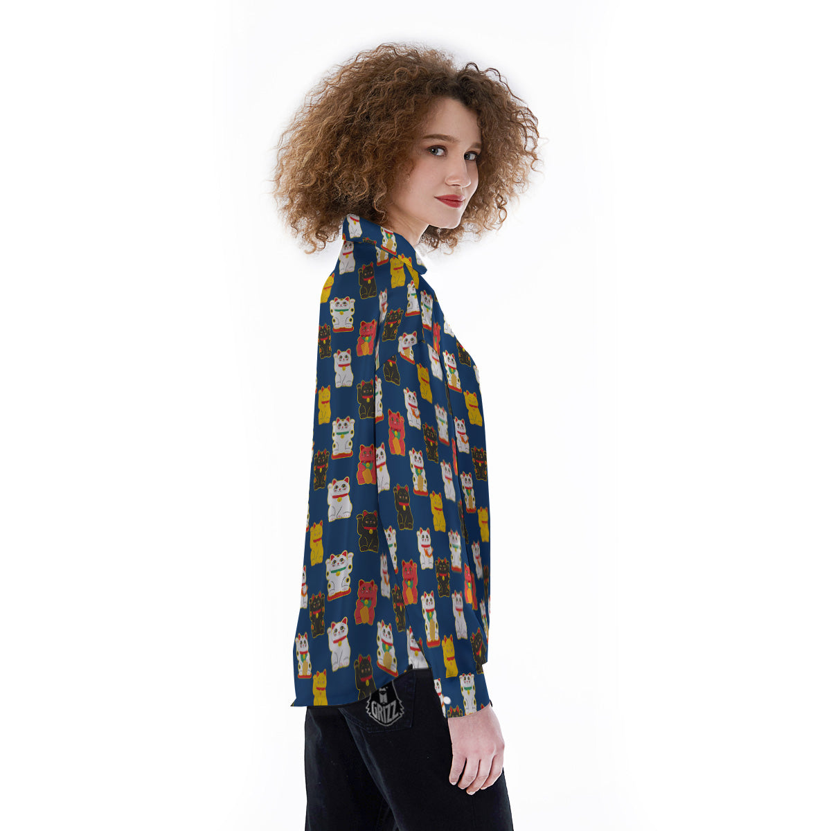 Maneki Neko Colorful Print Pattern Women's Long Sleeve Shirts-grizzshop