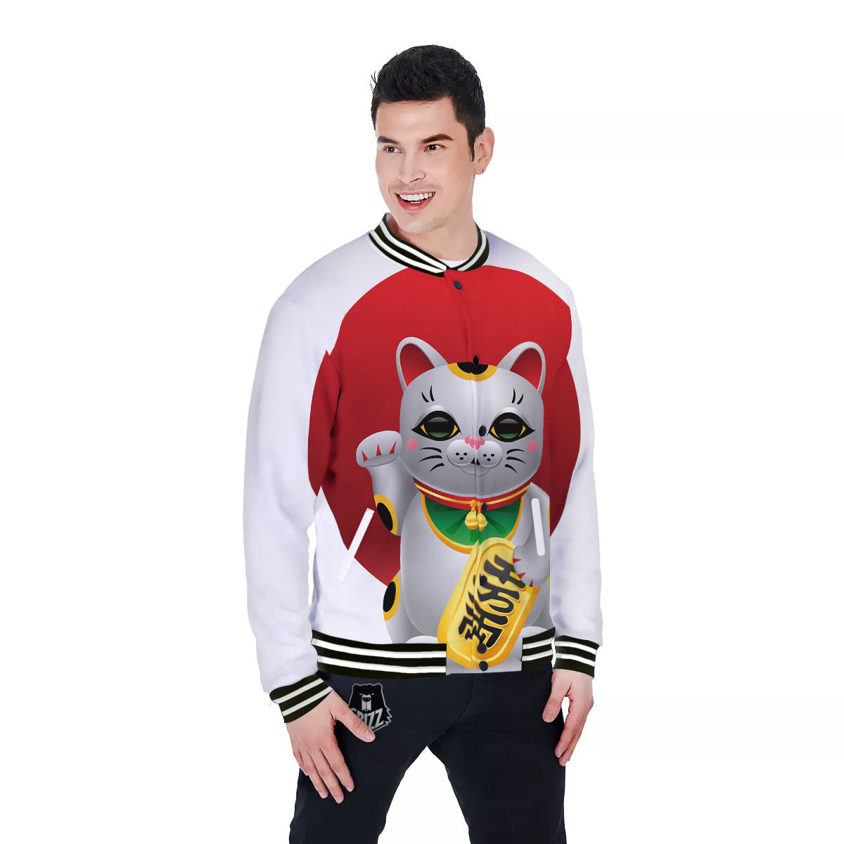 Maneki Neko Japanese Lucky Cat Print Baseball Jacket-grizzshop