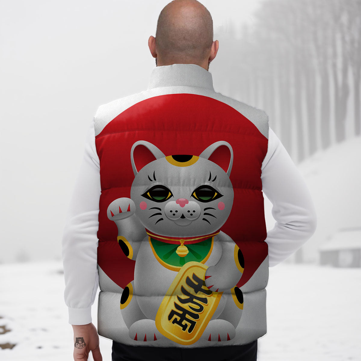 Maneki Neko Japanese Lucky Cat Print Down Vest