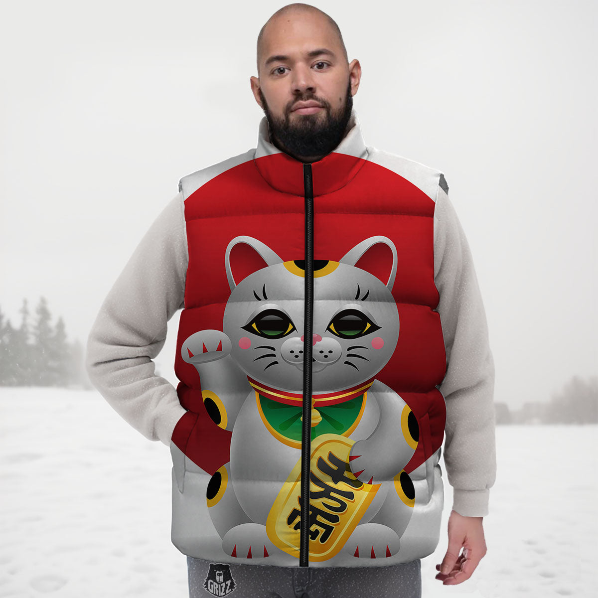 Maneki Neko Japanese Lucky Cat Print Down Vest