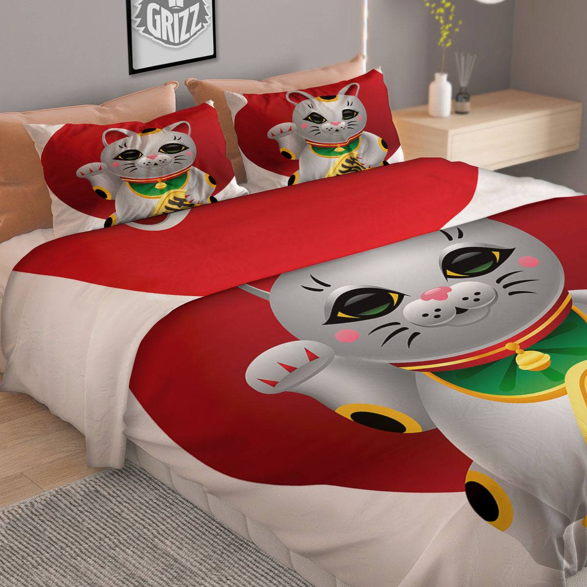 Maneki Neko Japanese Lucky Cat Print Duvet Cover Bedding Set
