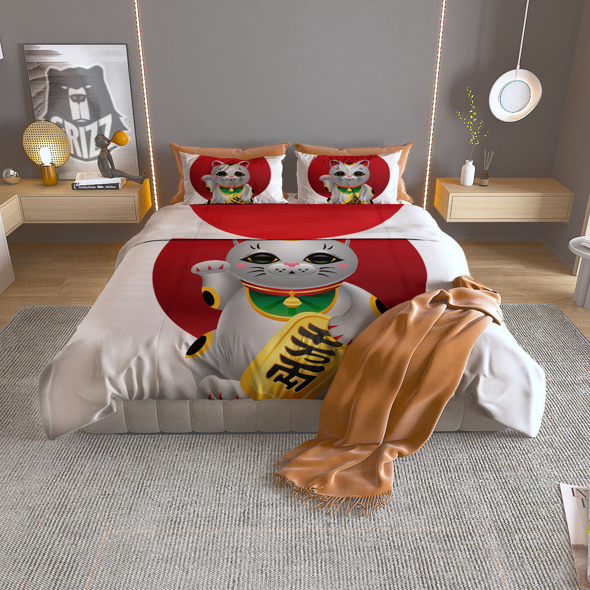 Maneki Neko Japanese Lucky Cat Print Duvet Cover Bedding Set