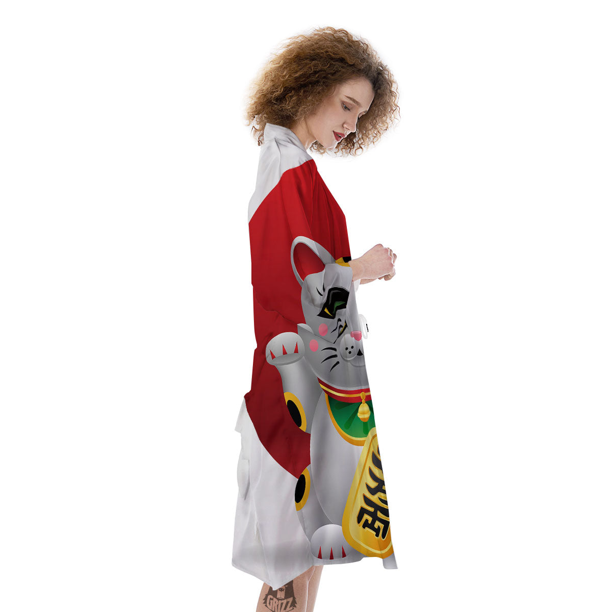 Maneki Neko Japanese Lucky Cat Print Kimono-grizzshop
