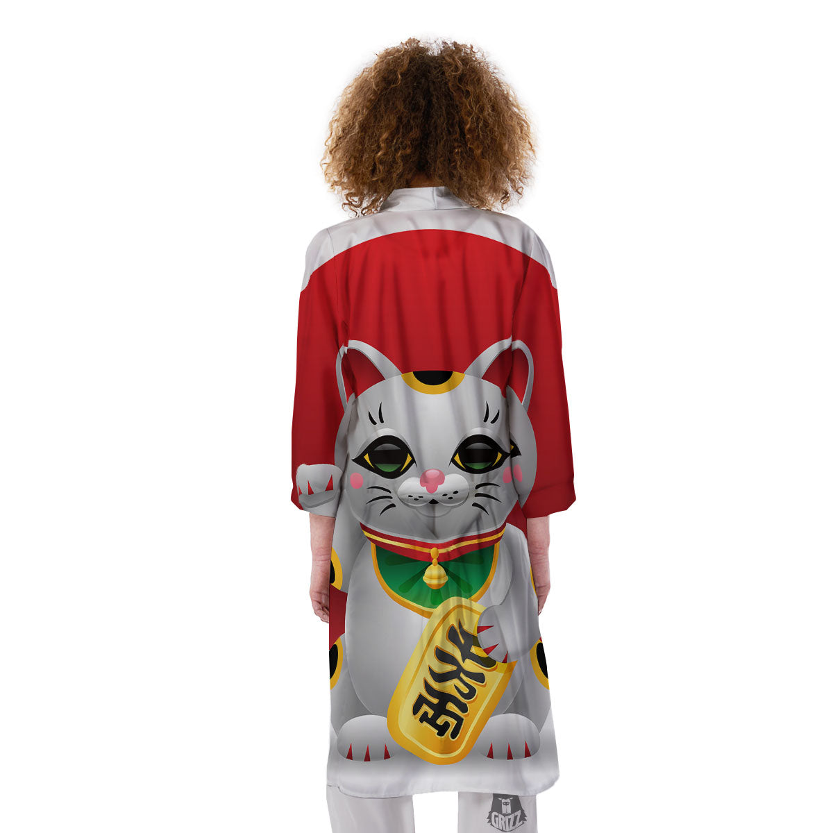 Maneki Neko Japanese Lucky Cat Print Kimono-grizzshop