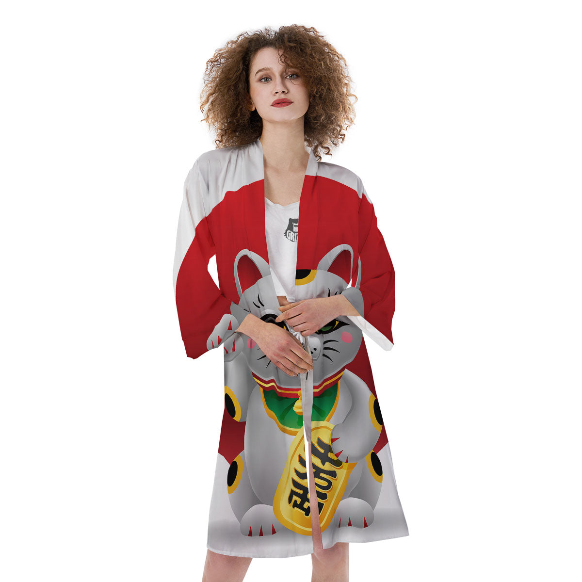 Maneki Neko Japanese Lucky Cat Print Kimono-grizzshop
