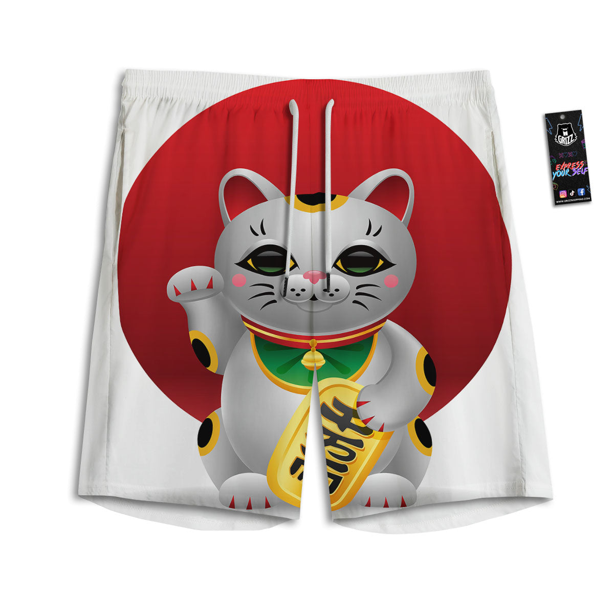 Maneki Neko Japanese Lucky Cat Print Men's Athletic Shorts