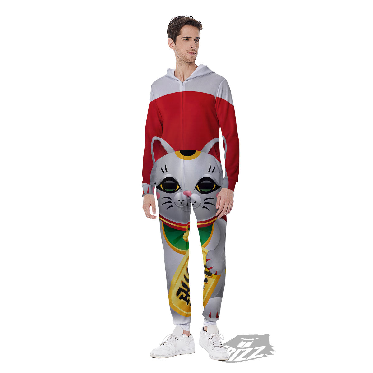 Maneki Neko Japanese Lucky Cat Print Men's Jumpsuit-grizzshop