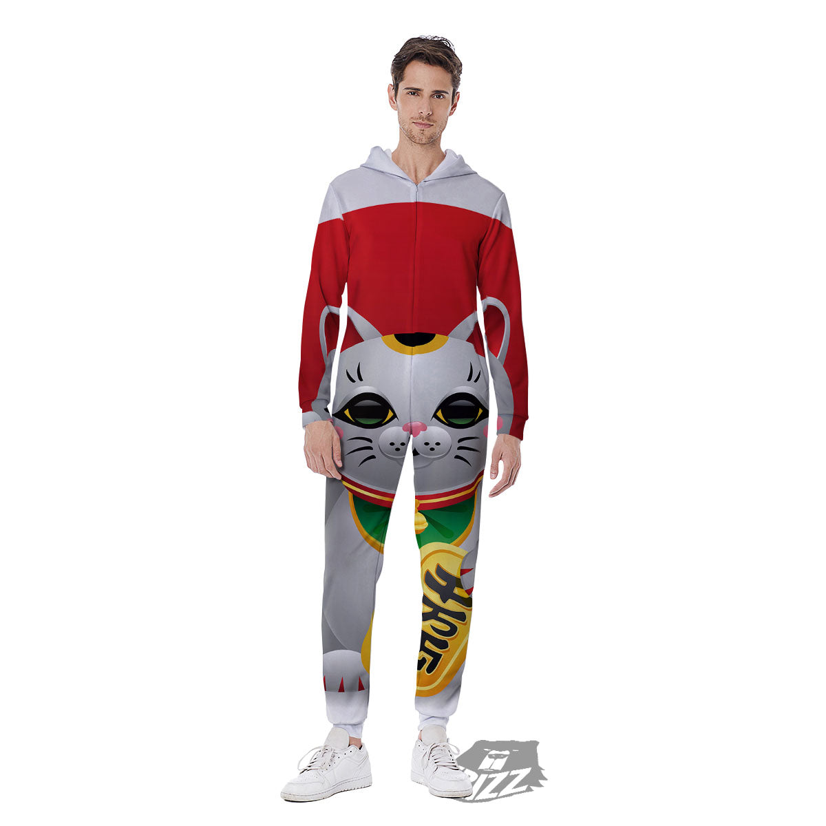 Maneki Neko Japanese Lucky Cat Print Men's Jumpsuit-grizzshop