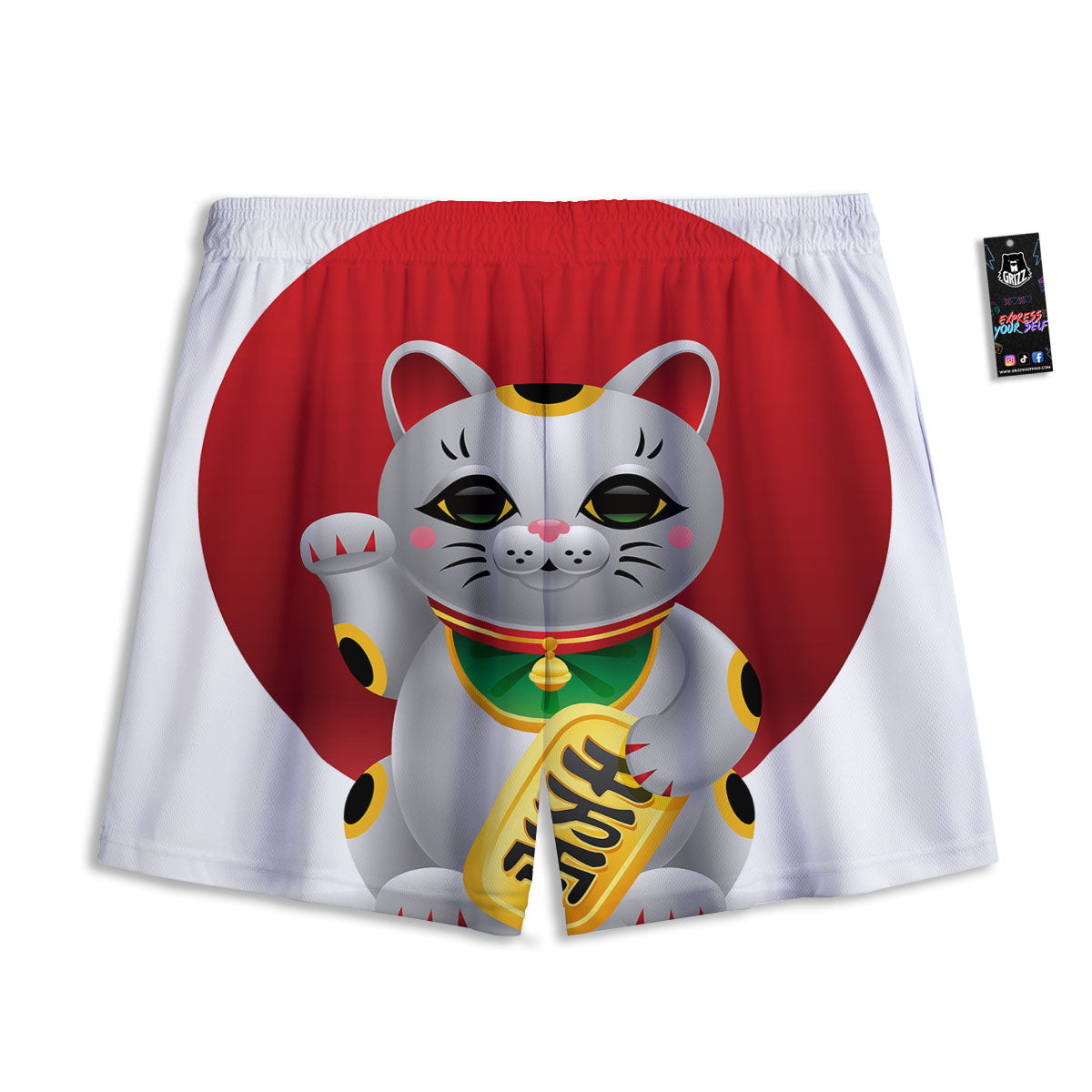 Maneki Neko Japanese Lucky Cat Print Mesh Shorts
