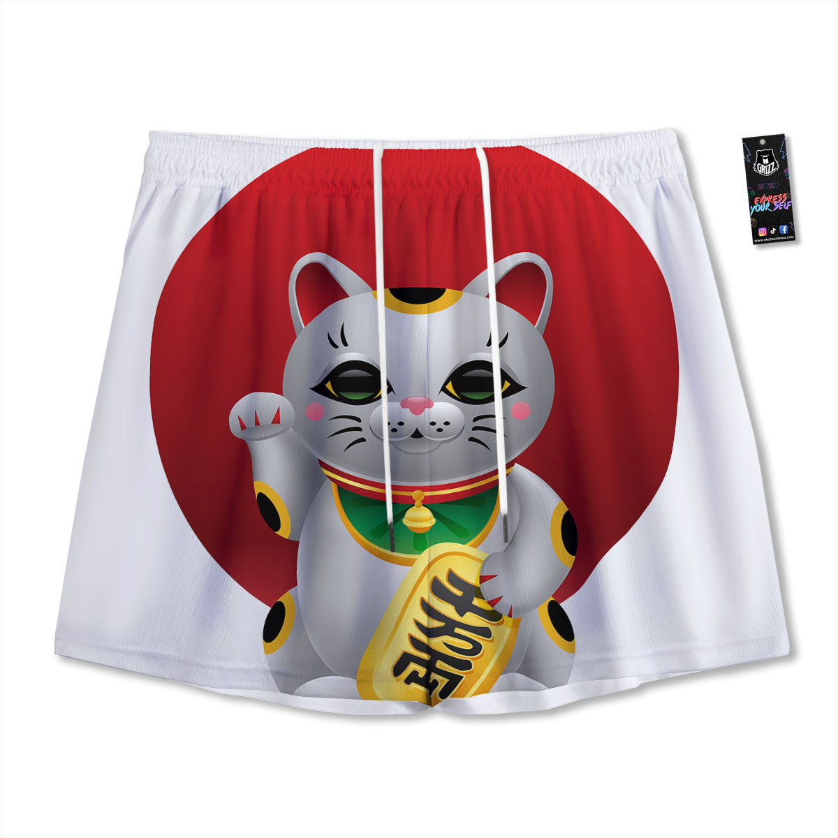 Maneki Neko Japanese Lucky Cat Print Mesh Shorts