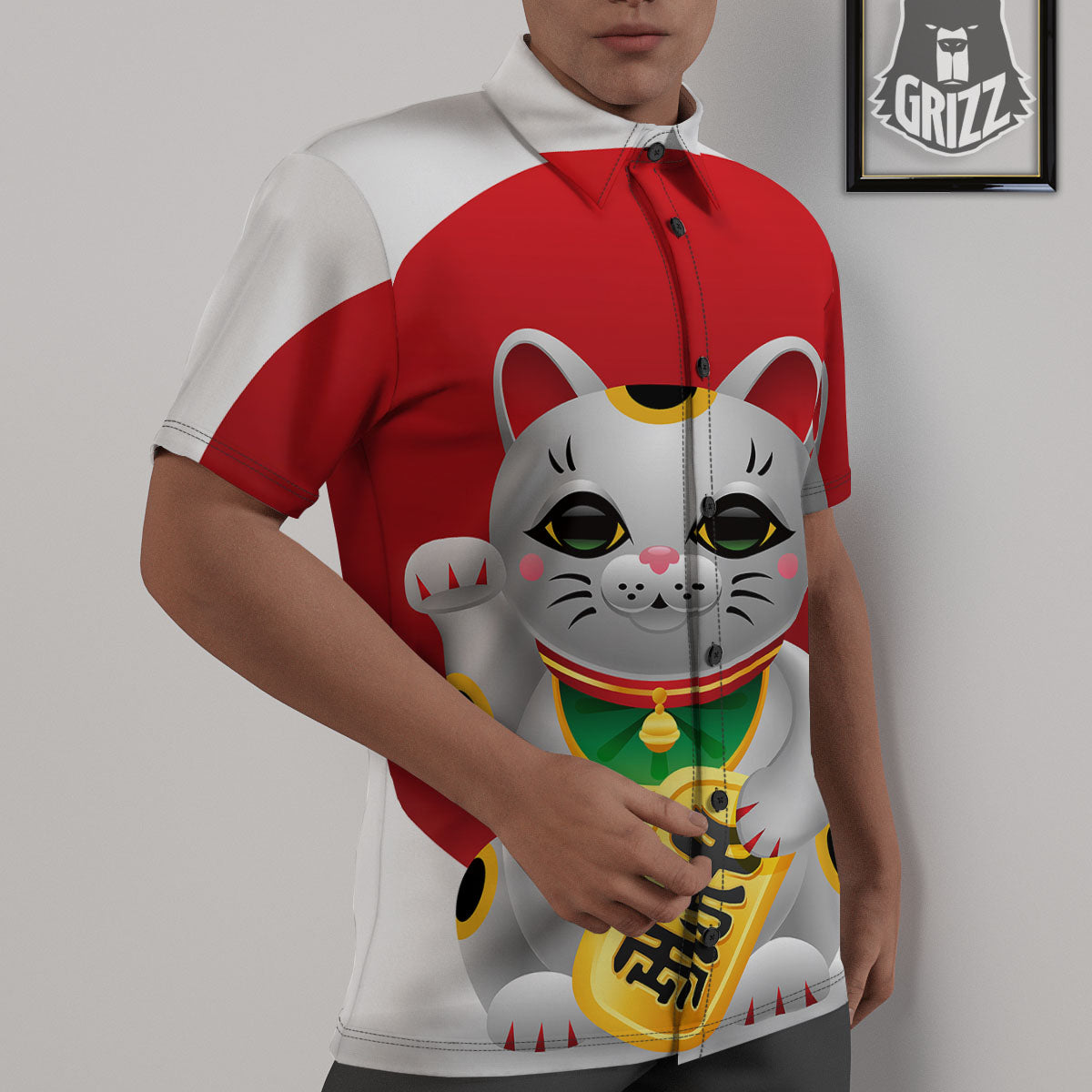 Maneki Neko Japanese Lucky Cat Print Untucked Shirts-grizzshop