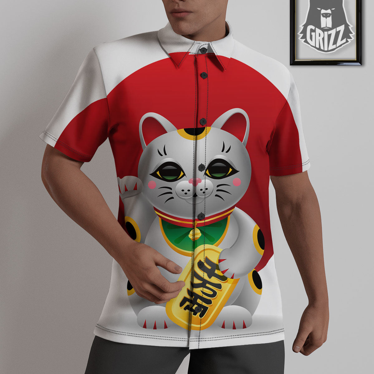 Maneki Neko Japanese Lucky Cat Print Untucked Shirts-grizzshop