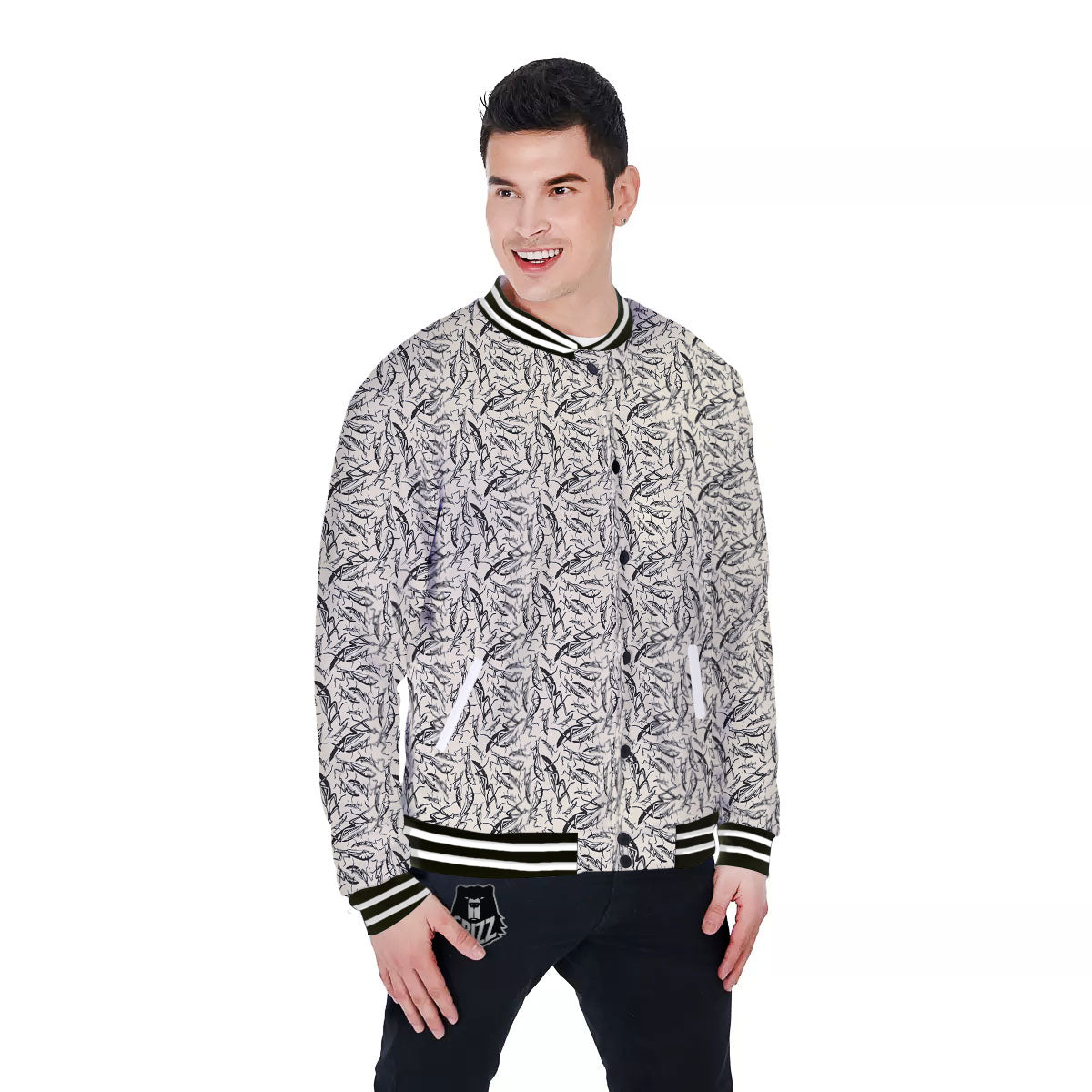 Mantis Beige And Blue Print Pattern Baseball Jacket-grizzshop