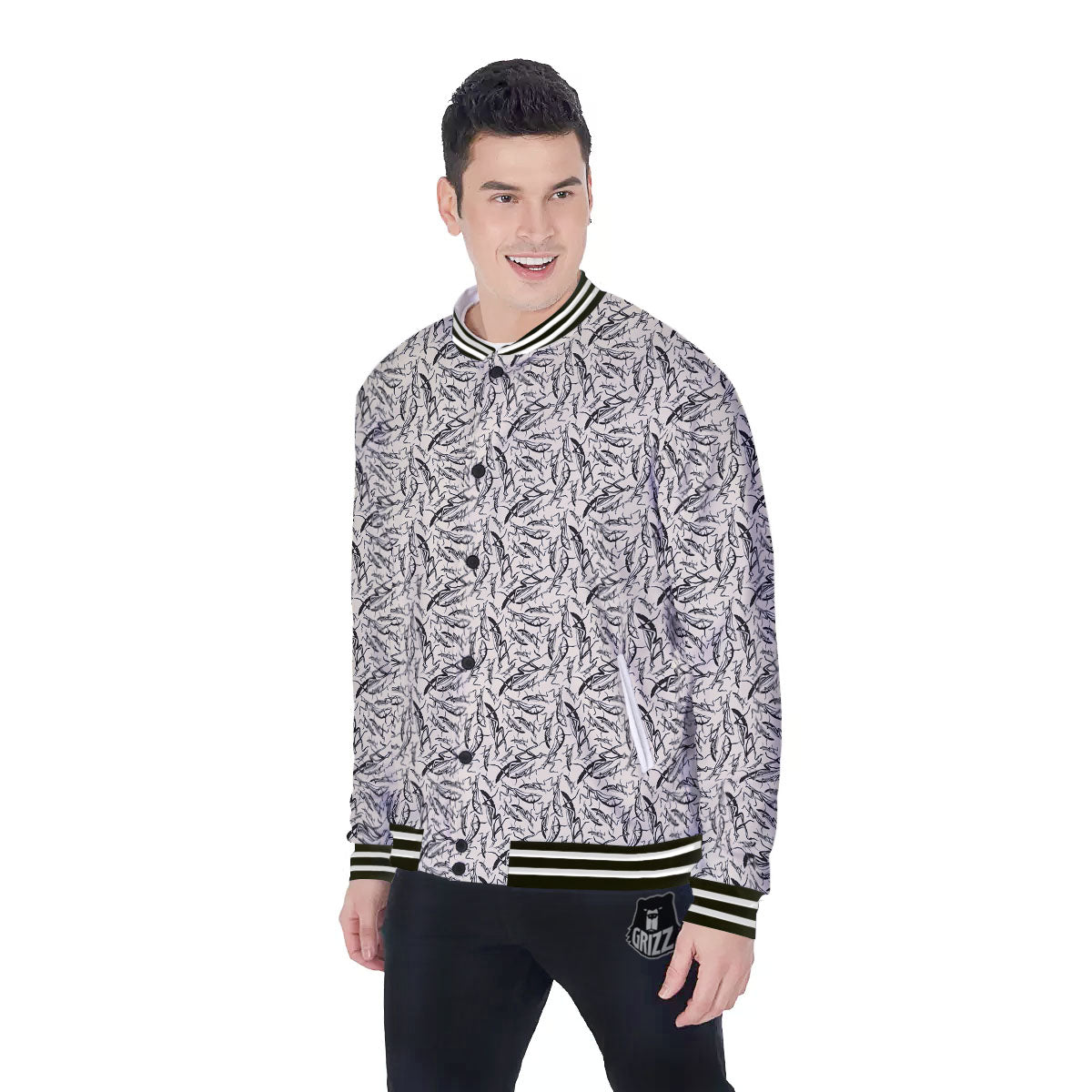 Mantis Beige And Blue Print Pattern Baseball Jacket-grizzshop