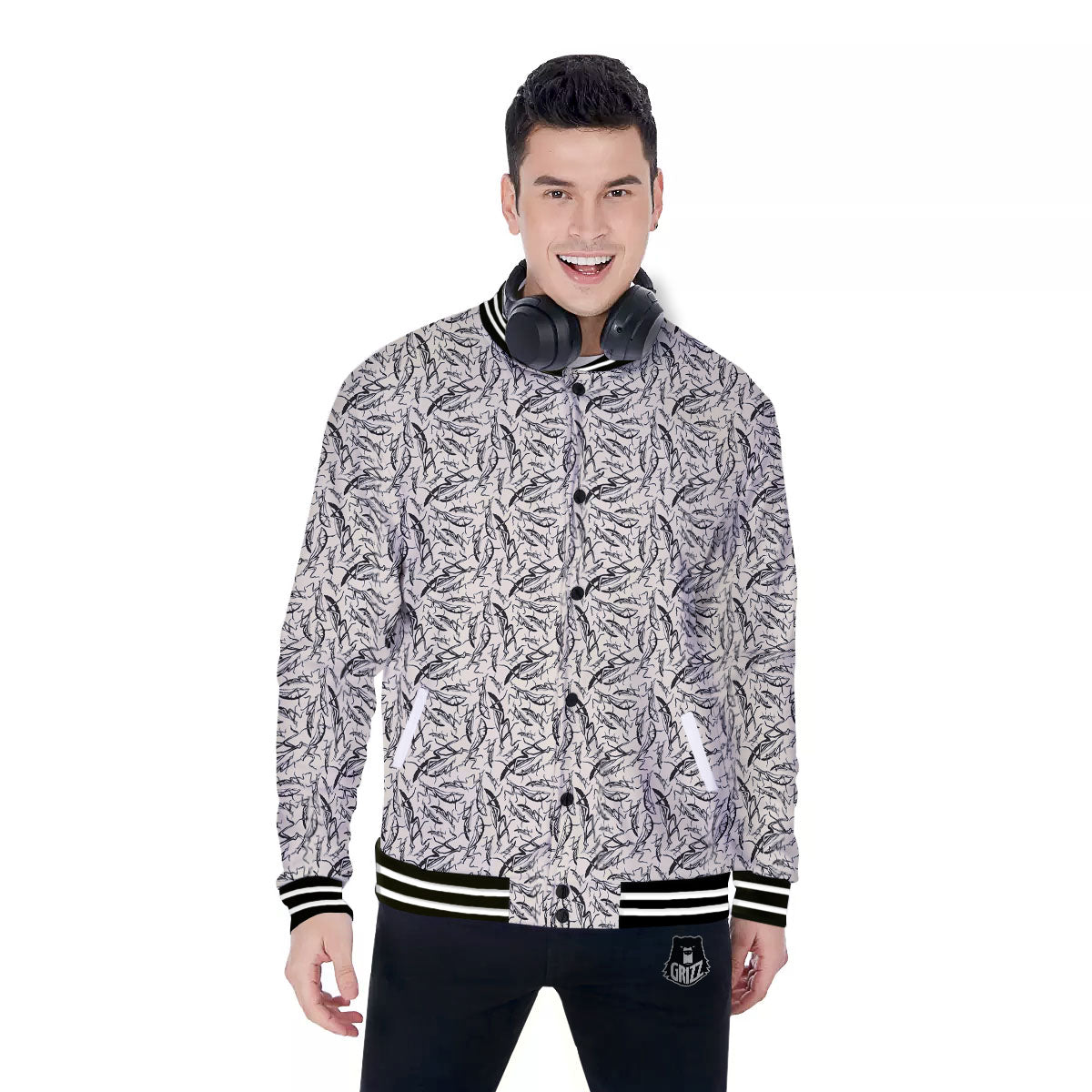 Mantis Beige And Blue Print Pattern Baseball Jacket-grizzshop
