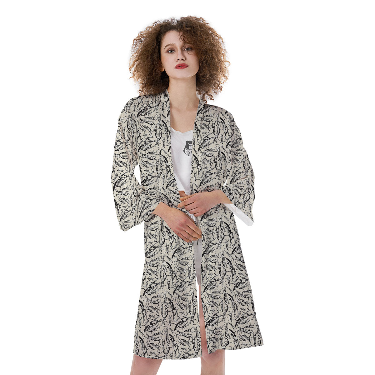 Mantis Beige And Blue Print Pattern Kimono-grizzshop