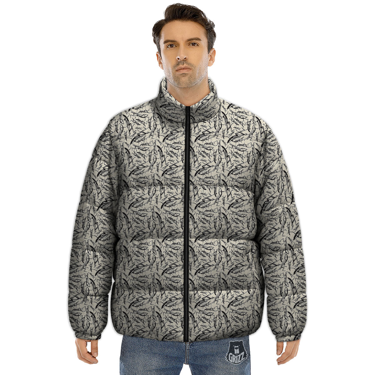 Mantis Beige And Blue Print Pattern Puffer Jacket-grizzshop