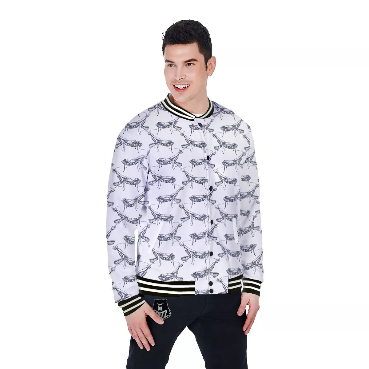 Mantis Hand Drawn Print Pattern Baseball Jacket-grizzshop