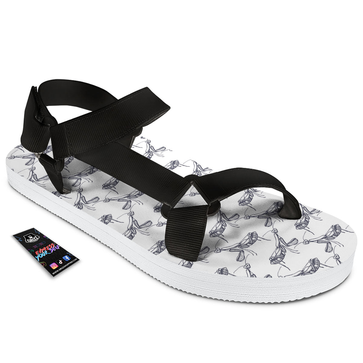 Mantis Hand Drawn Print Pattern Black Open Toe Sandals-grizzshop