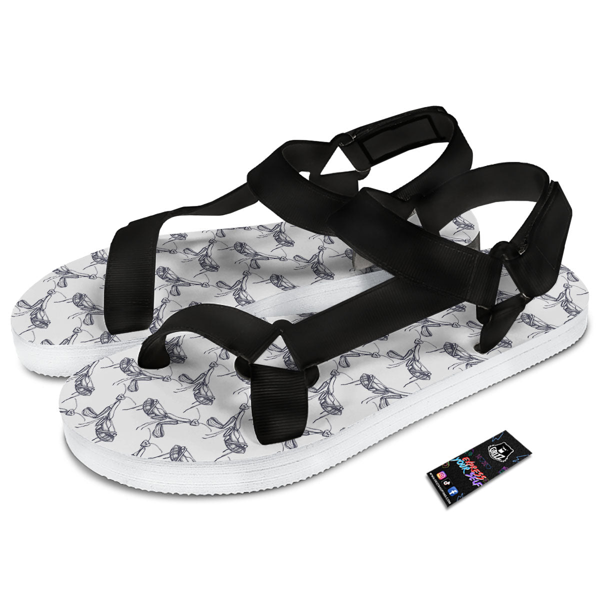 Mantis Hand Drawn Print Pattern Black Open Toe Sandals-grizzshop