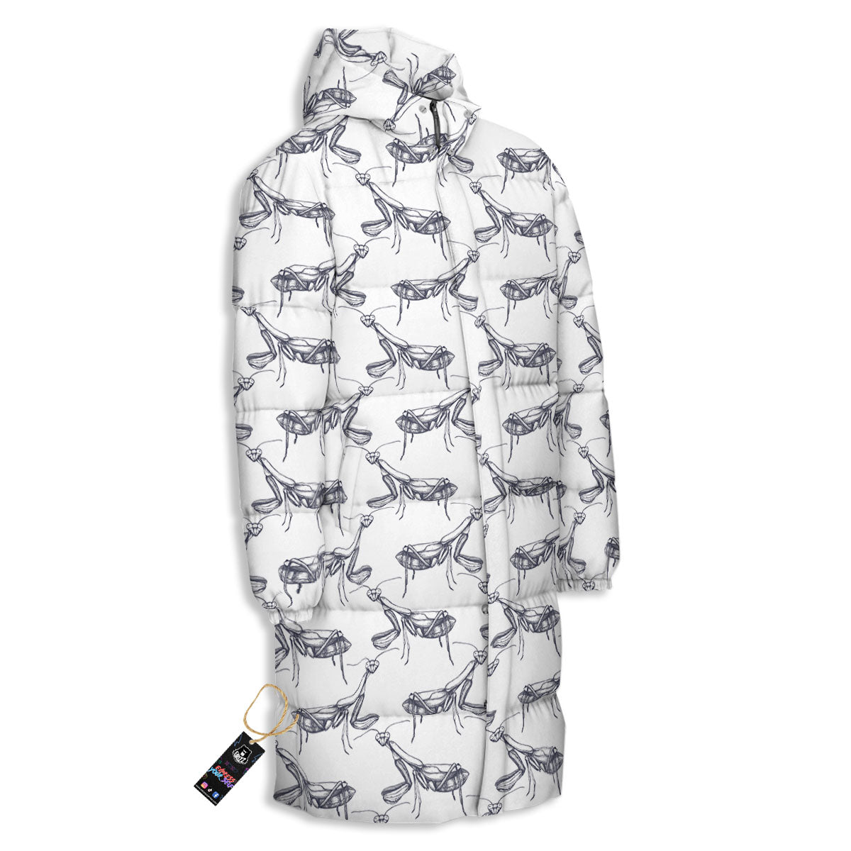 Mantis Hand Drawn Print Pattern Long Down Jacket-grizzshop