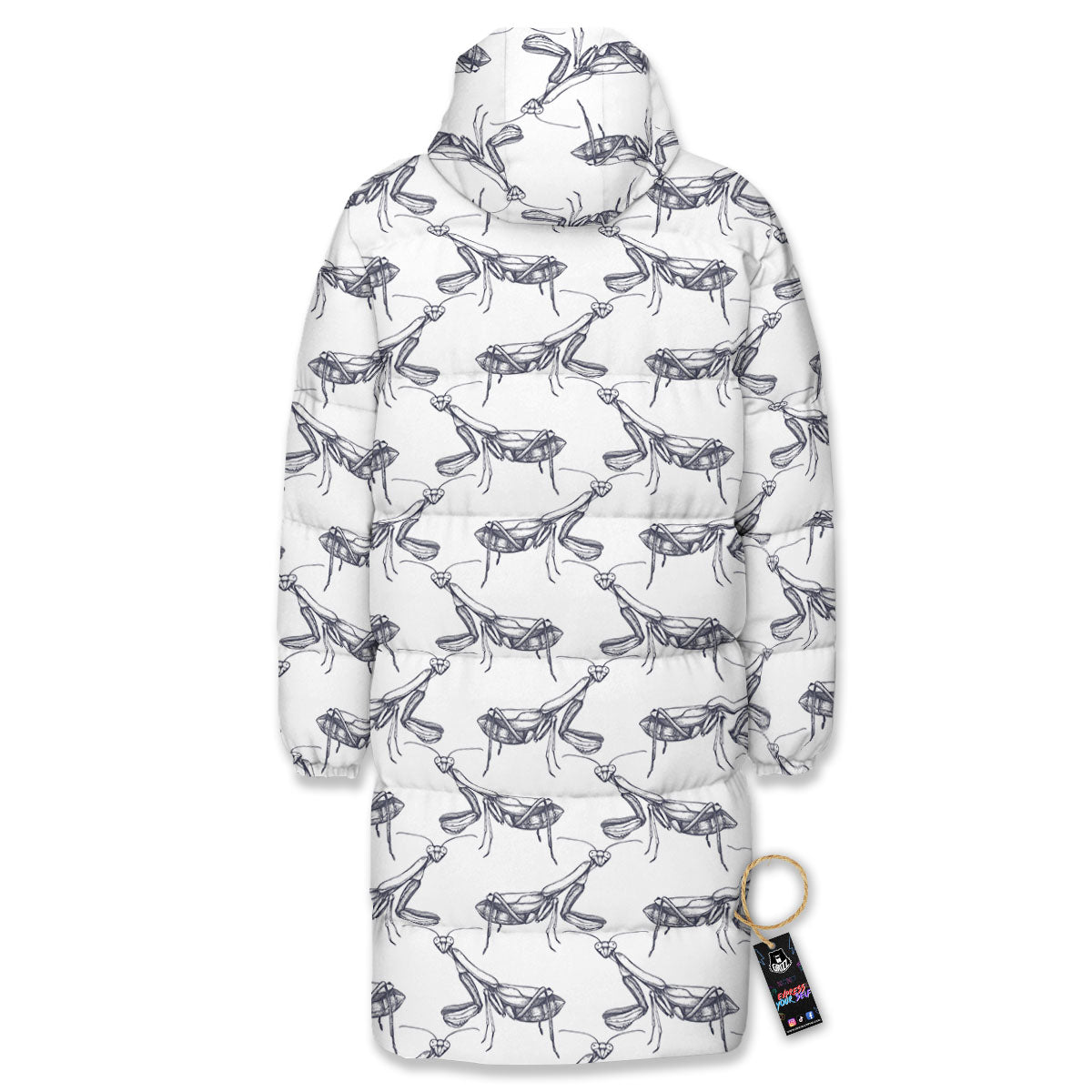 Mantis Hand Drawn Print Pattern Long Down Jacket-grizzshop