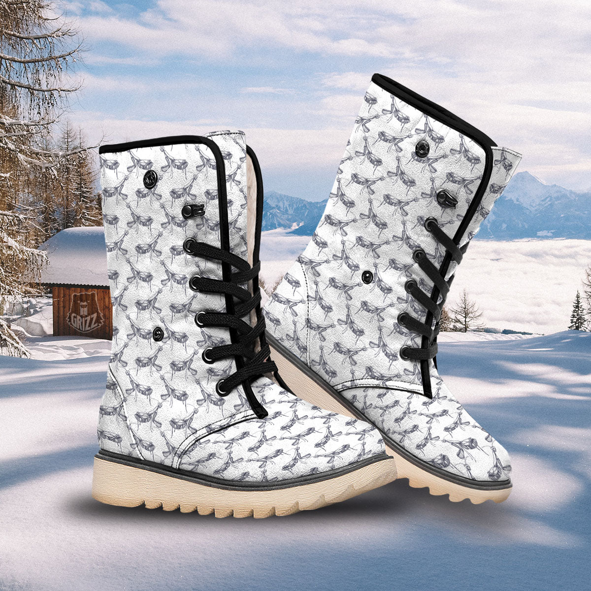 Mantis Hand Drawn Print Pattern Snow Boots-grizzshop