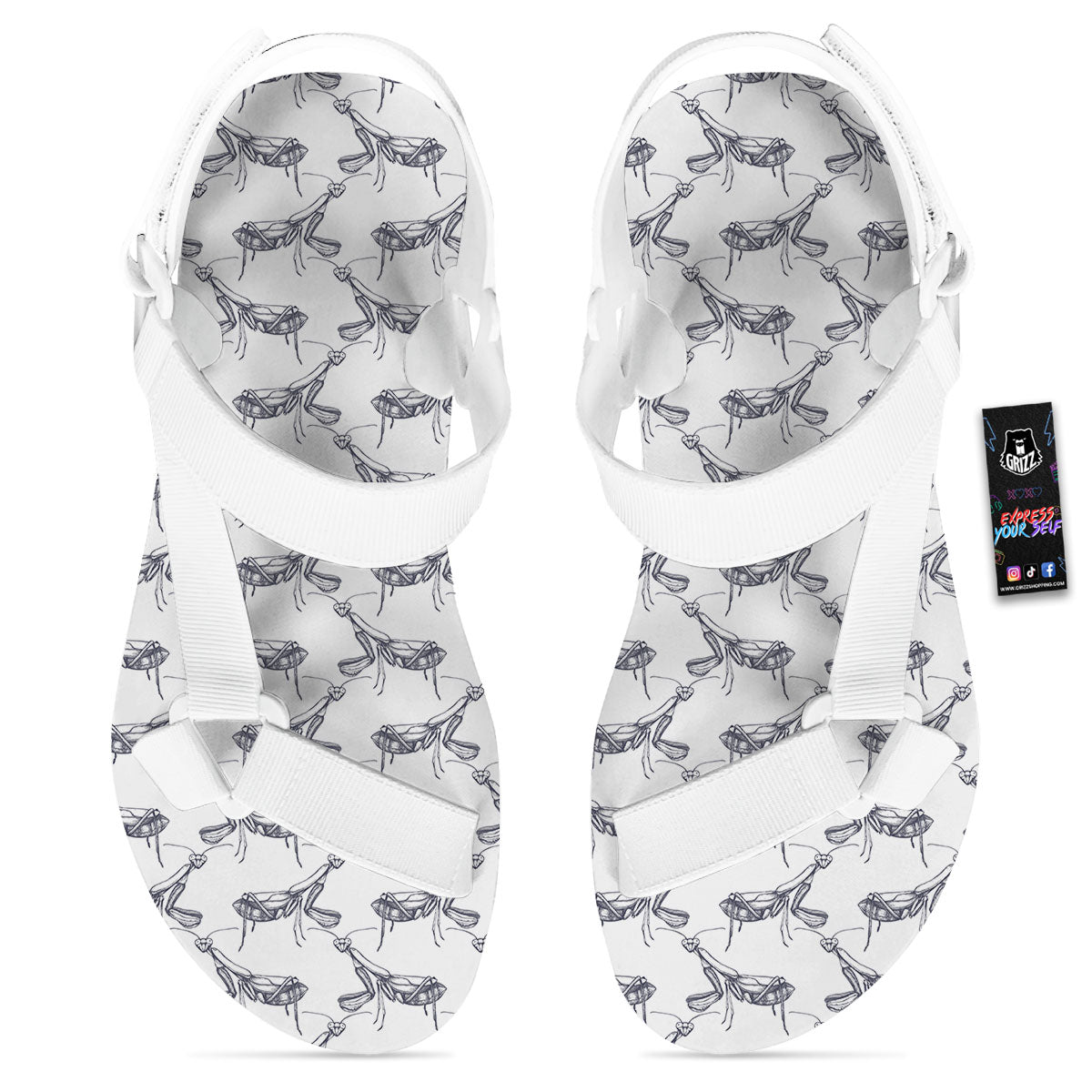 Mantis Hand Drawn Print Pattern White Open Toe Sandals-grizzshop