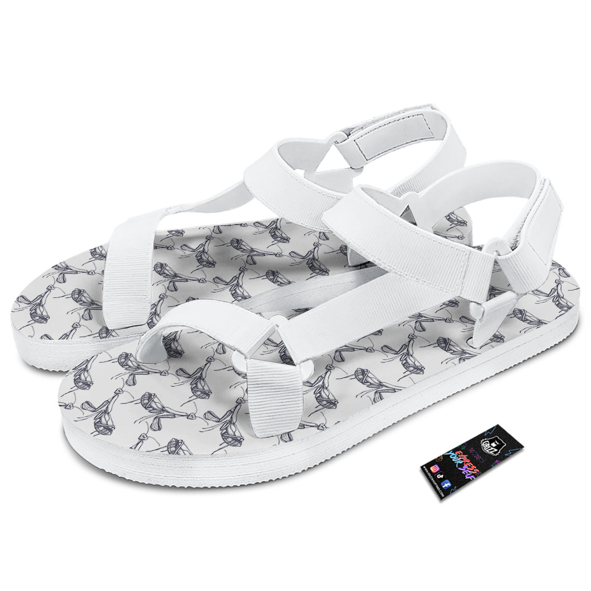 Mantis Hand Drawn Print Pattern White Open Toe Sandals-grizzshop