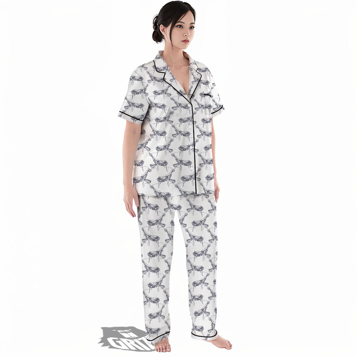Mantis Hand Drawn Print Pattern Women's Pajamas Set-grizzshop