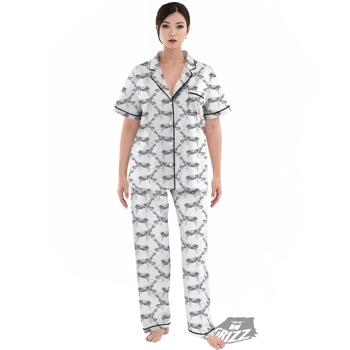 Mantis Hand Drawn Print Pattern Women's Pajamas Set-grizzshop