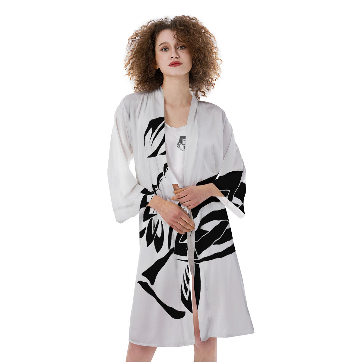 Mantis Spirit White And Black Print Kimono-grizzshop
