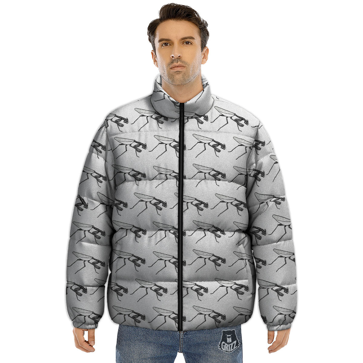 Mantis White And Black Print Pattern Puffer Jacket-grizzshop