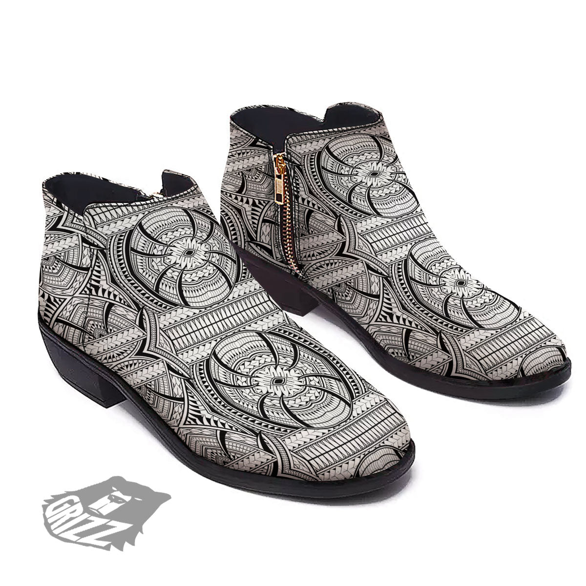 Maori Polynesian White And Black Print Ankle Boots-grizzshop