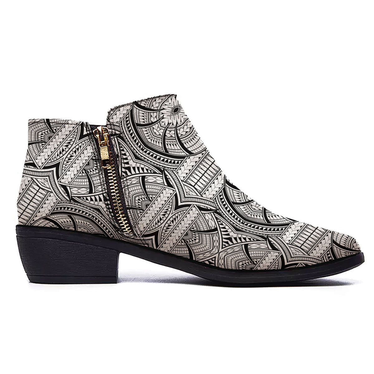 Maori Polynesian White And Black Print Ankle Boots-grizzshop