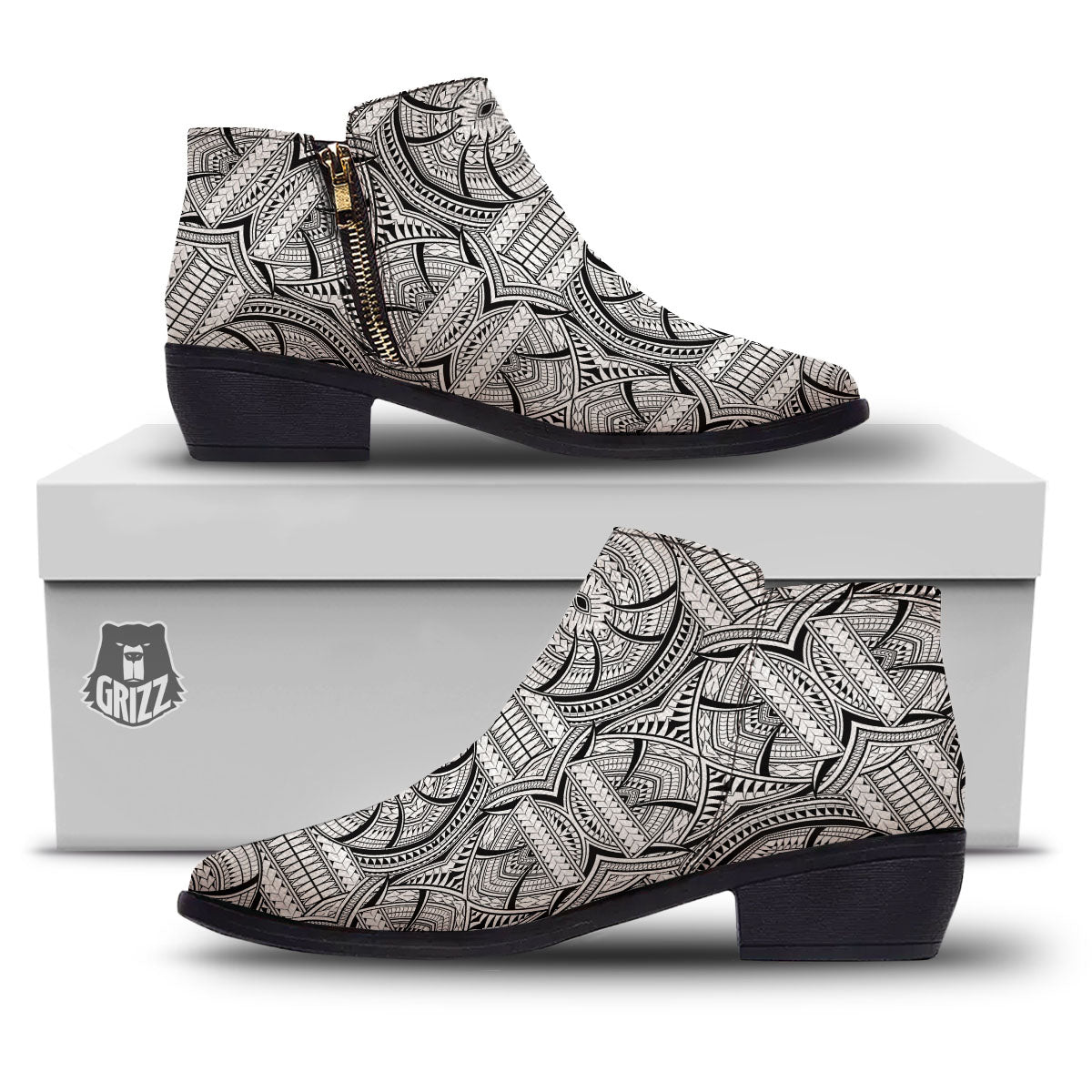 Maori Polynesian White And Black Print Ankle Boots-grizzshop