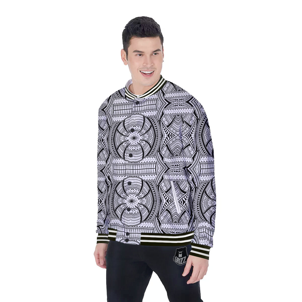 Maori Polynesian White And Black Print Baseball Jacket-grizzshop