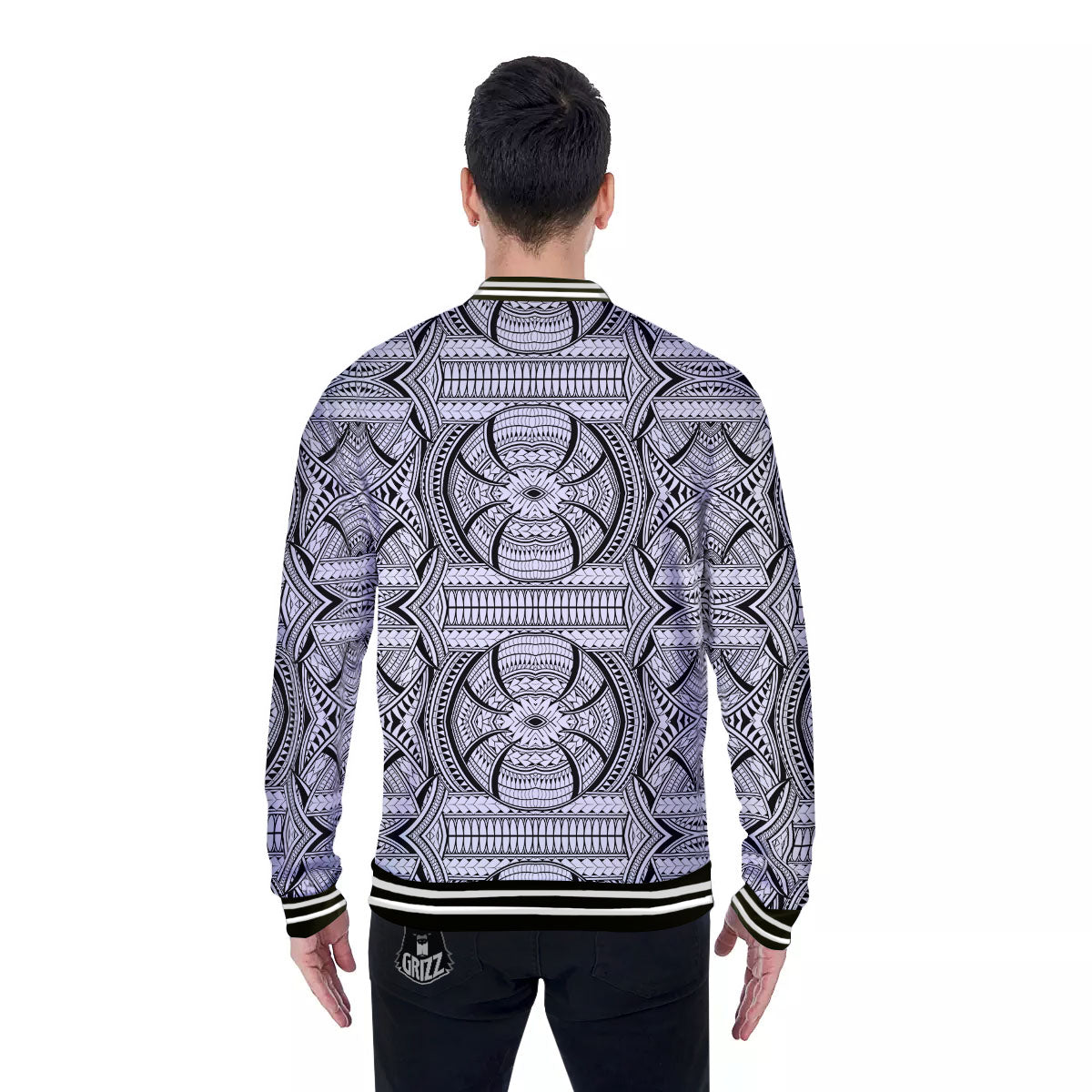 Maori Polynesian White And Black Print Baseball Jacket-grizzshop