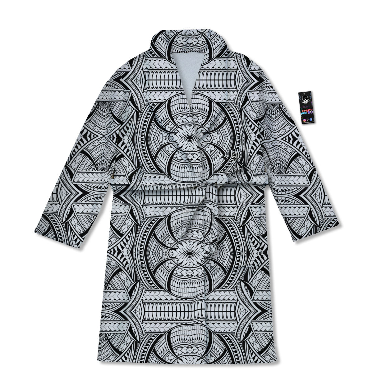 Maori Polynesian White And Black Print Bathrobe-grizzshop