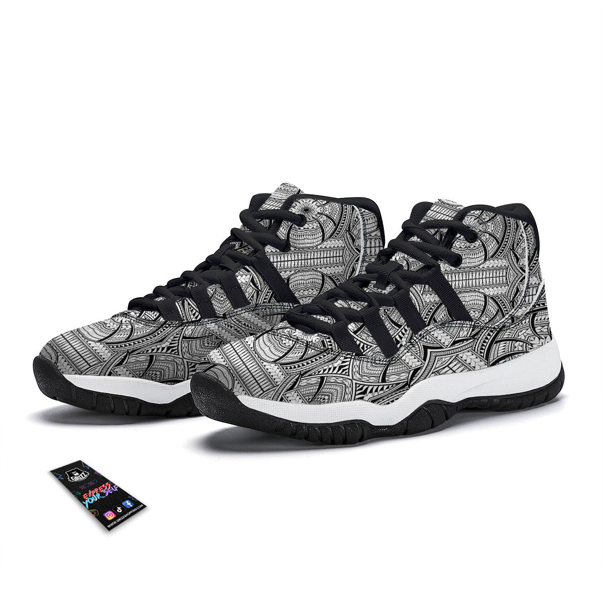 Maori Polynesian White And Black Print Black Bball Shoes-grizzshop