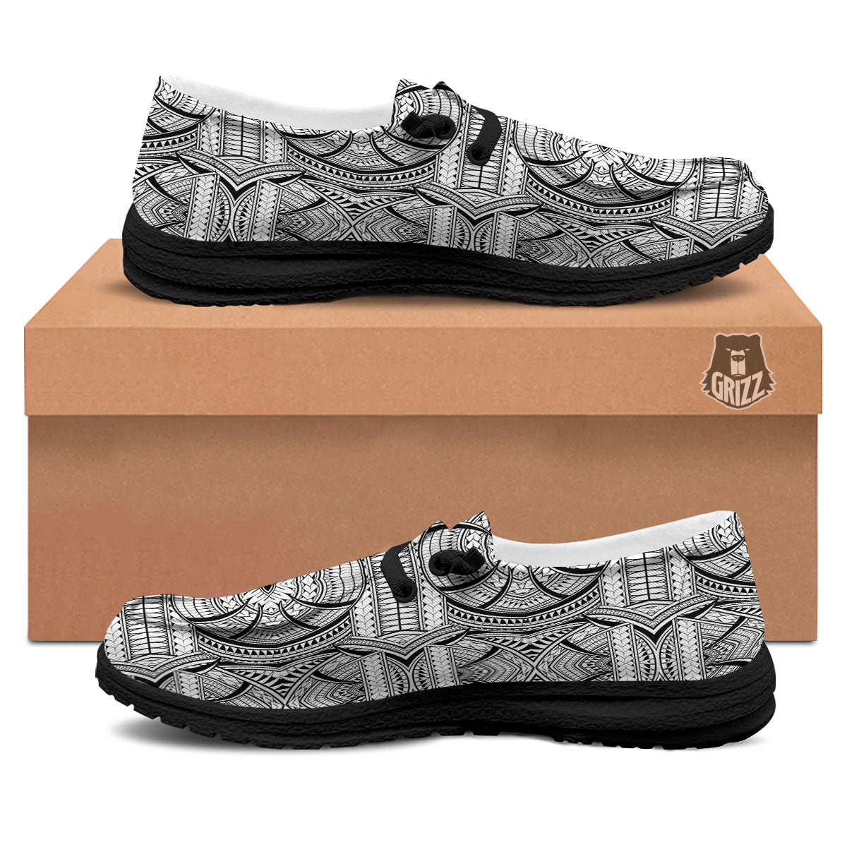 Maori Polynesian White And Black Print Black Loafers-grizzshop