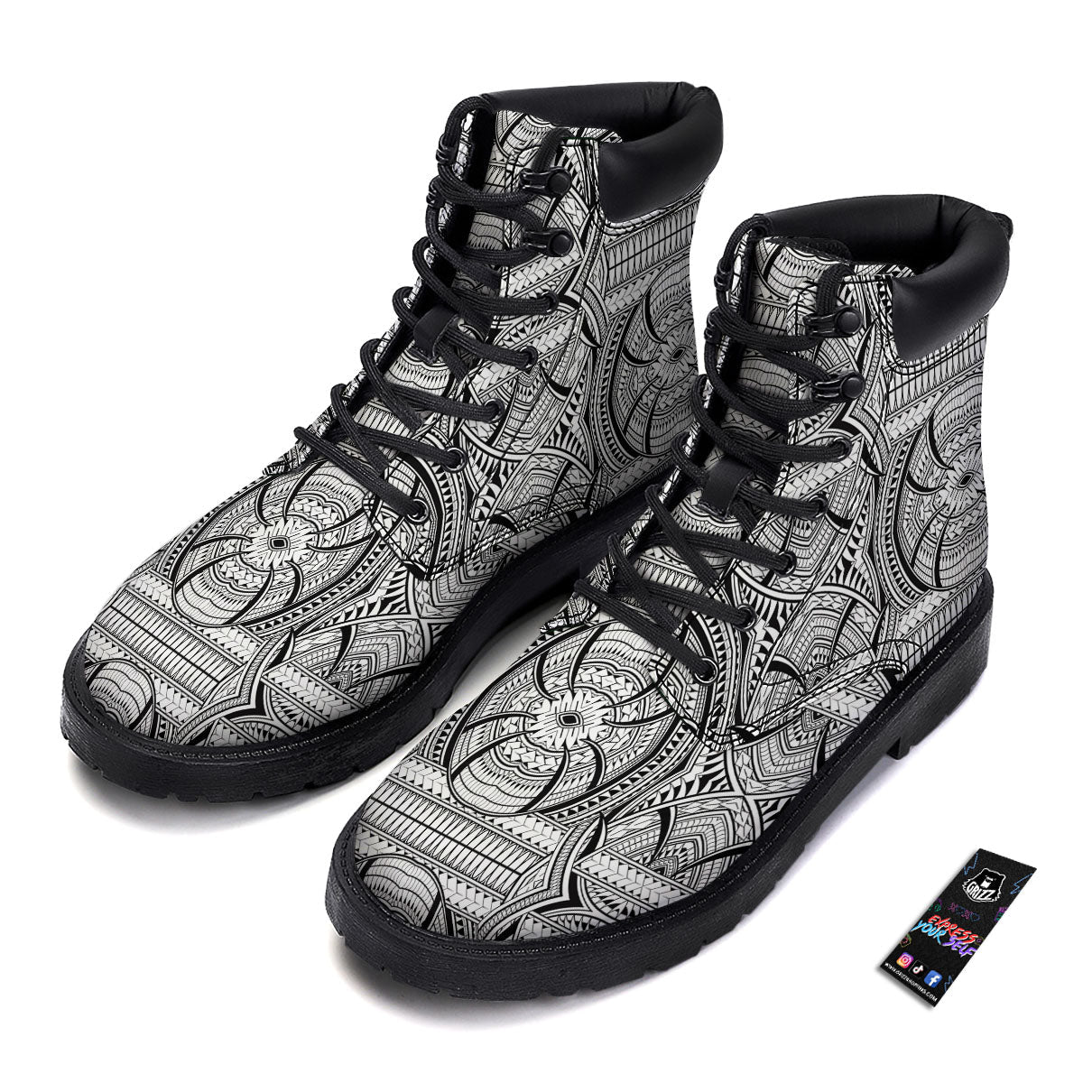 Maori Polynesian White And Black Print Boots-grizzshop