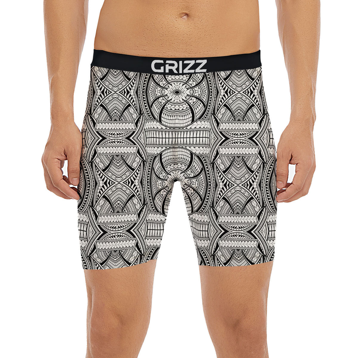 Maori Polynesian White And Black Print Boxer Briefs-grizzshop