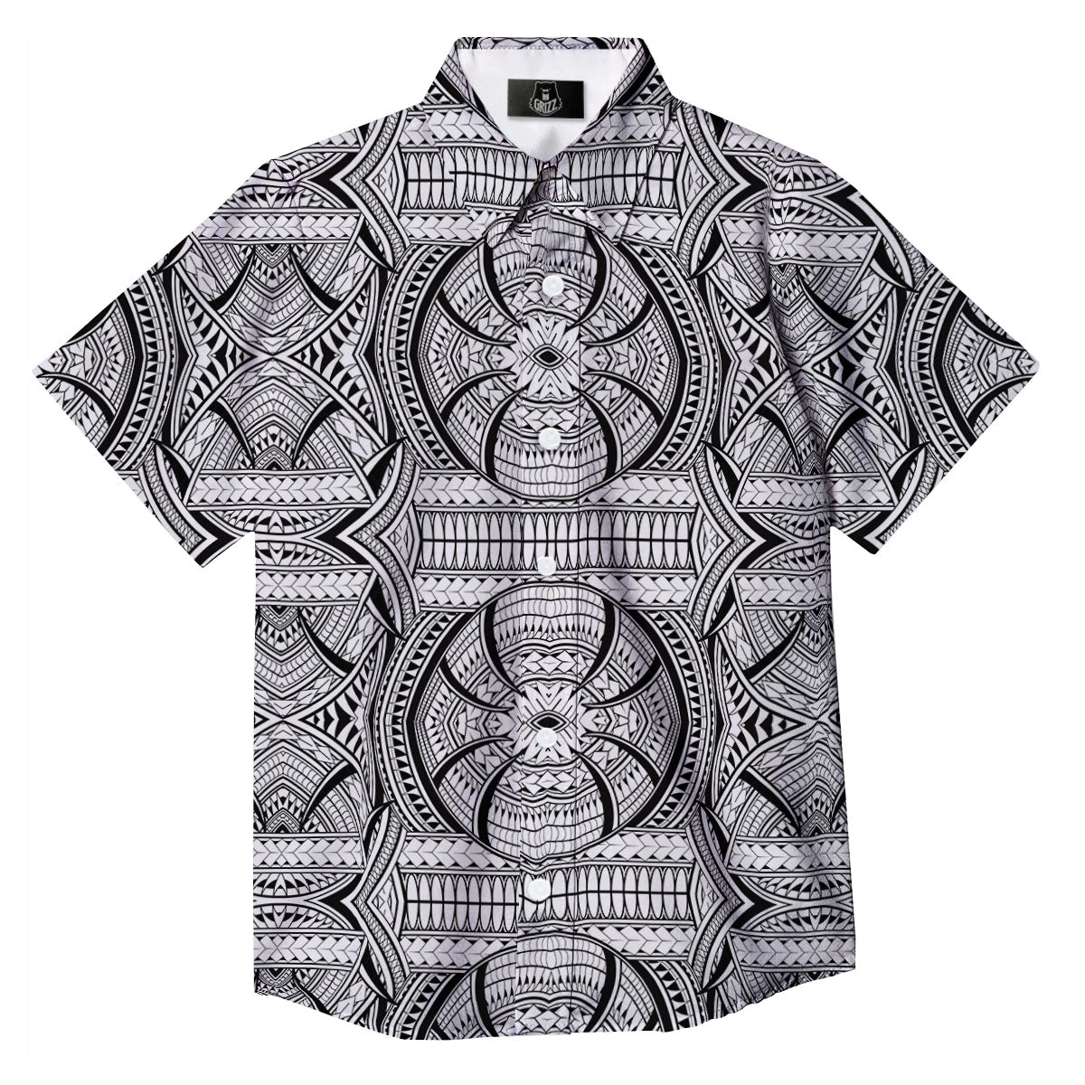 Maori Polynesian White And Black Print Button Up Shirt-grizzshop